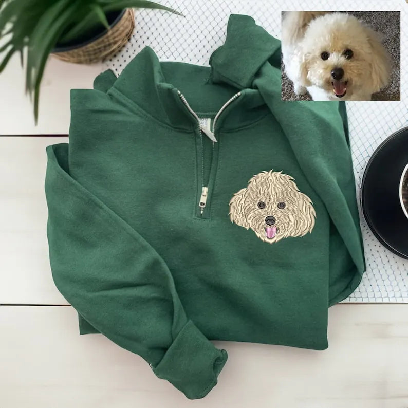Custom EMBROIDERED Pet Quarter Zip Sweatshirt Dog Potrait Zip Up Sweatshirt- Colorful Design