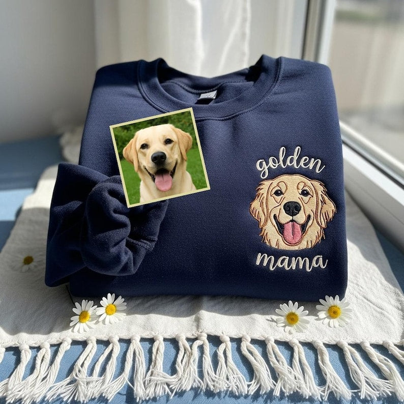 Personalized Dog Face Embroidered Sweatshirt – Custom Pet Portrait Tee & Hoodie- Colorful Design