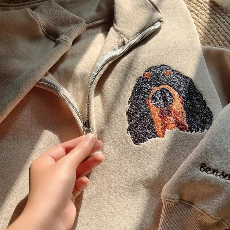 Custom Pet Portrait Quarter Zip Sweatshirt With Name, Dog Cat Face Sweatshirt- Colorful Design