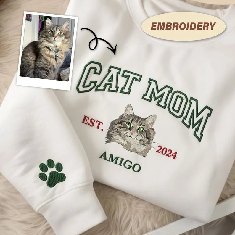 Custom Pet Portrait Embroidered Dog Mom Dad Sweatshirt, Dog Mama Varsity Shirt