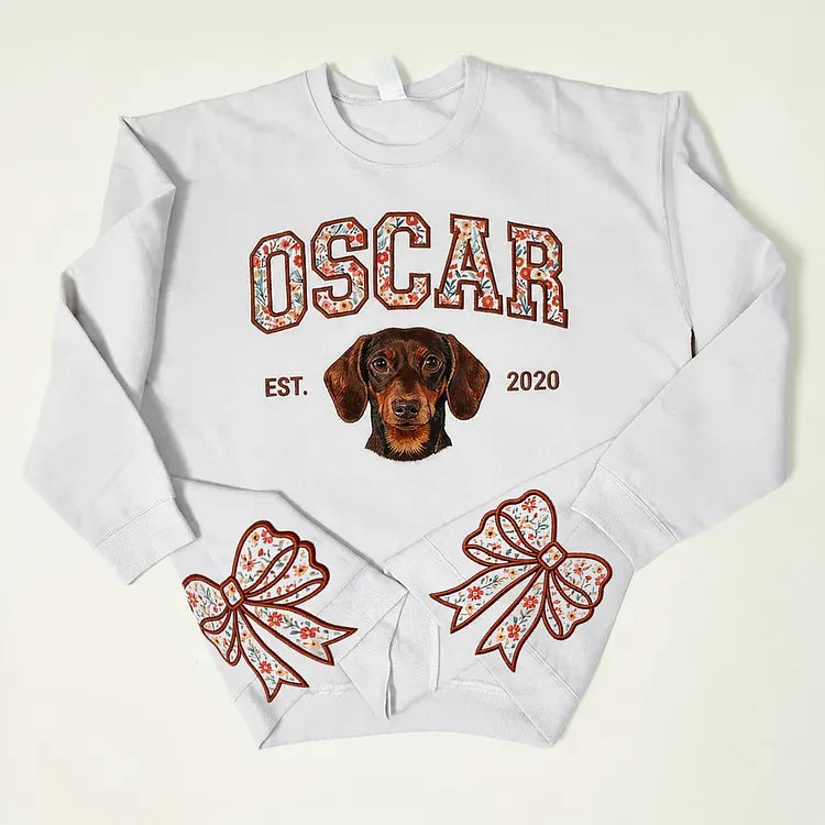 Custom Pet Portrait Floral Applique Embroidered Sweatshirt with Side Bow Detail