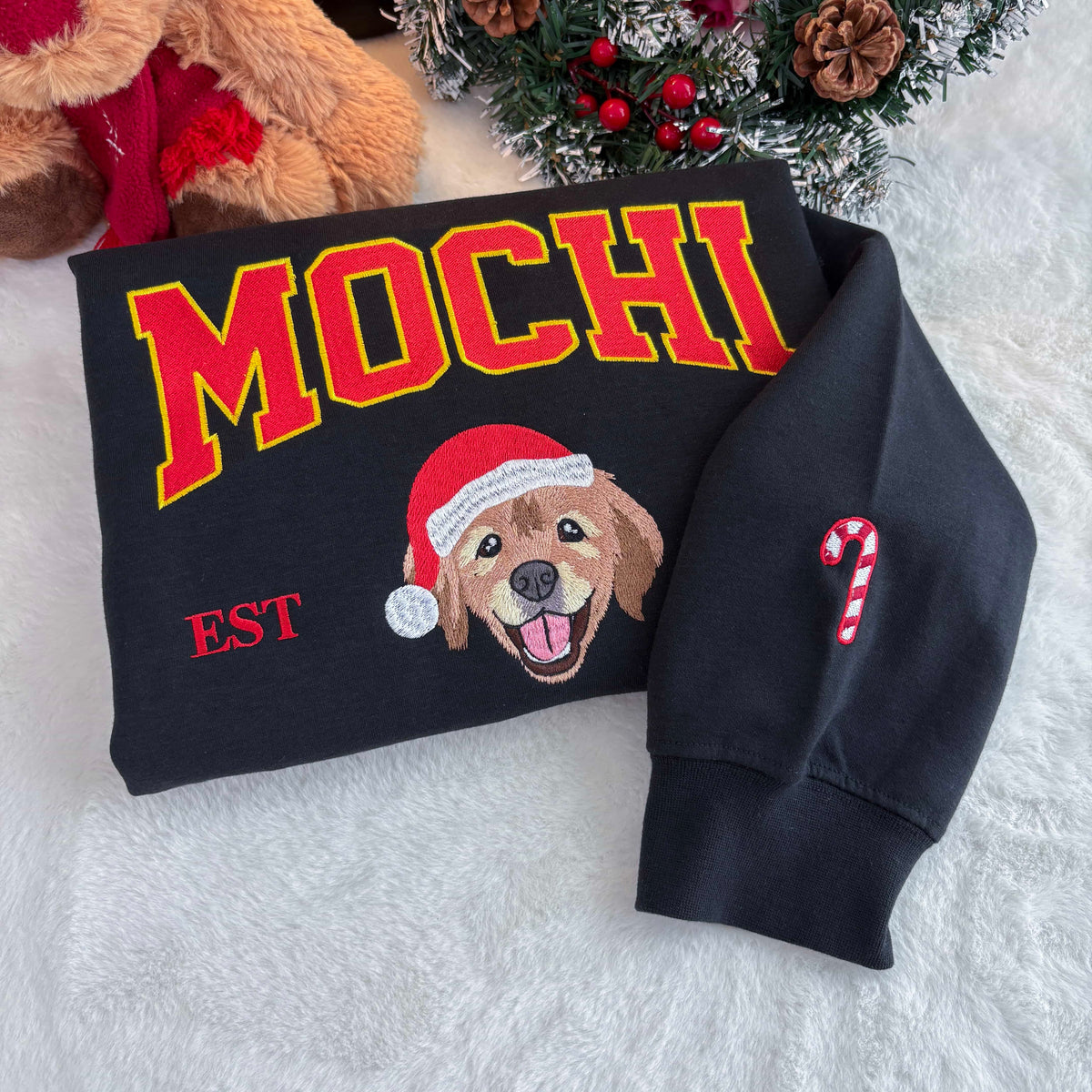 PetFiestas® Custom Dog Embroidered Sweatshirt, Hoodie & T-Shirt, Personalized Pet Christmas Sweatshirt- Varsity Colorful