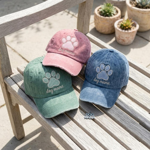 Dog Mama Embroidered Baseball Cap with Vintage Gingham Paw Print Design