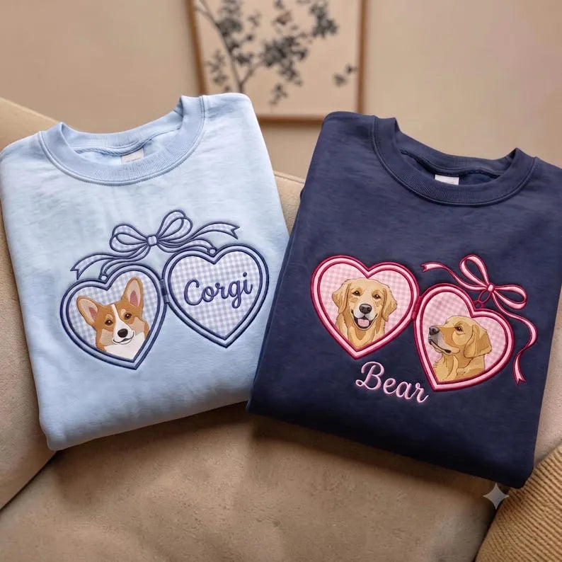 Custom Pet Portrait Embroidered Sweatshirt with Locket Heart Coquette Bow Design