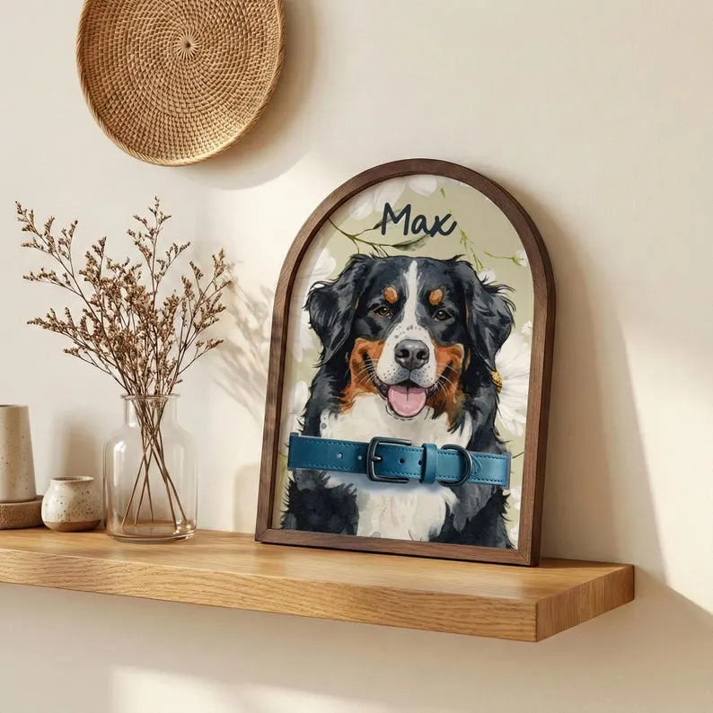 Custom Pet Collar Holder Using Pet Photo, Dog Memorial Wood Frame With Collar Holder