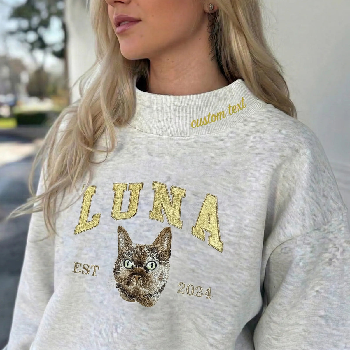 Custom Premium Handcrafted Varsity Style Pet Photo Embroidered Mockneck Sweatshirt