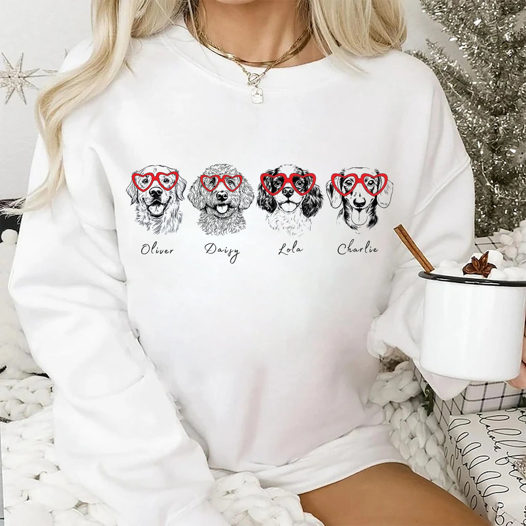 Custom Multiple Pets Valentine's Day Sweatshirt - Personalized Dog/Cat Heart Glasses Graphic Crewneck