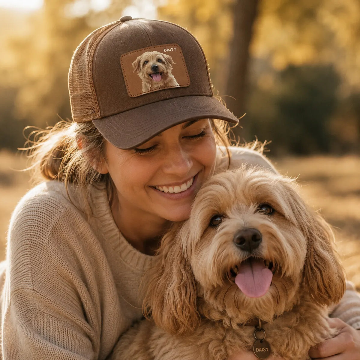 Custom Pet Portrait Trucker Hat, Personalized Leather Patch Gift for Dog Moms & Dads