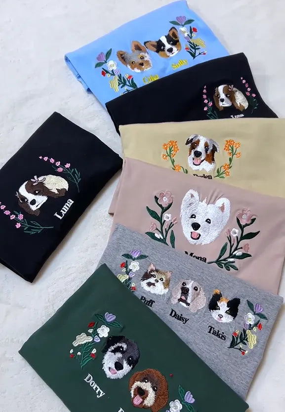 PetFiestas® Custom Premium Handcrafted Pet Photo Embroidery T-shirt Sweatshirt Hoodie with Wreath Design- Colorful Desig