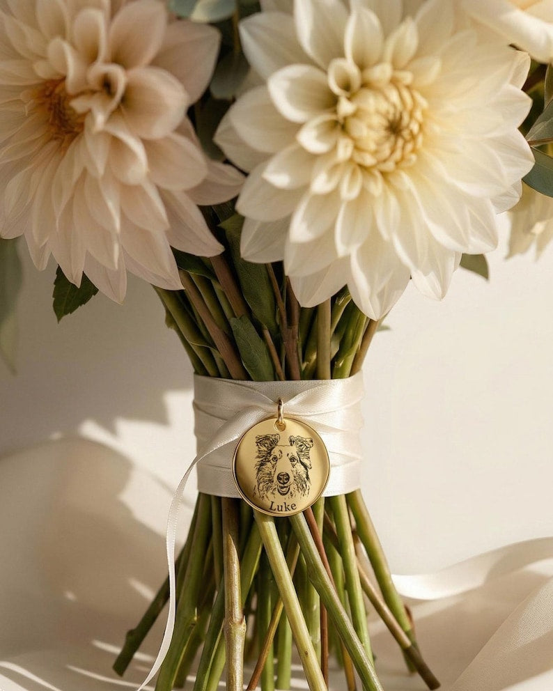 Wedding Bouquet Engraved Bridal Charm With Custom Pet Portrait