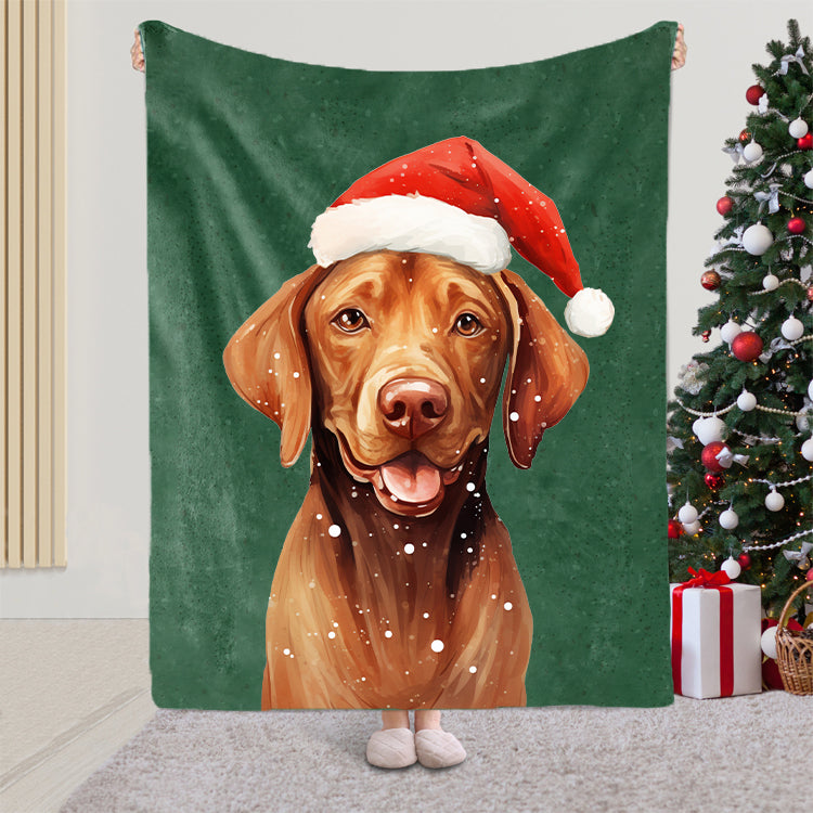 PetFiestas® Custom Christmas Pet Portrait Blanket with Santa Hat & Snowflakes – Personalized Dog Blanket Gift