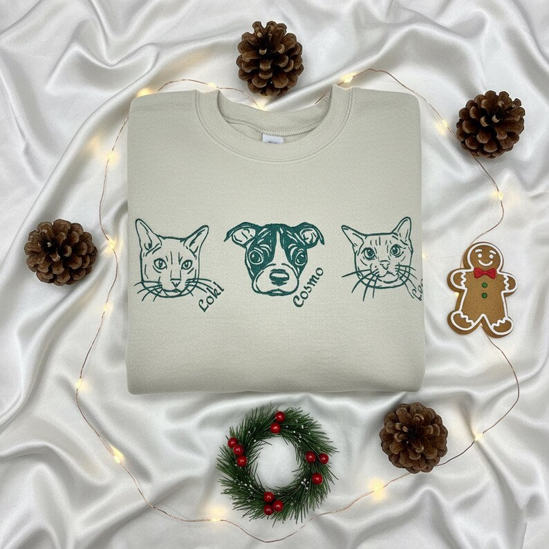 Custom Embroidered Pet From Photo Sweatshirt, Hoodie, Dog Shirt with Name- Stylish Outline Style