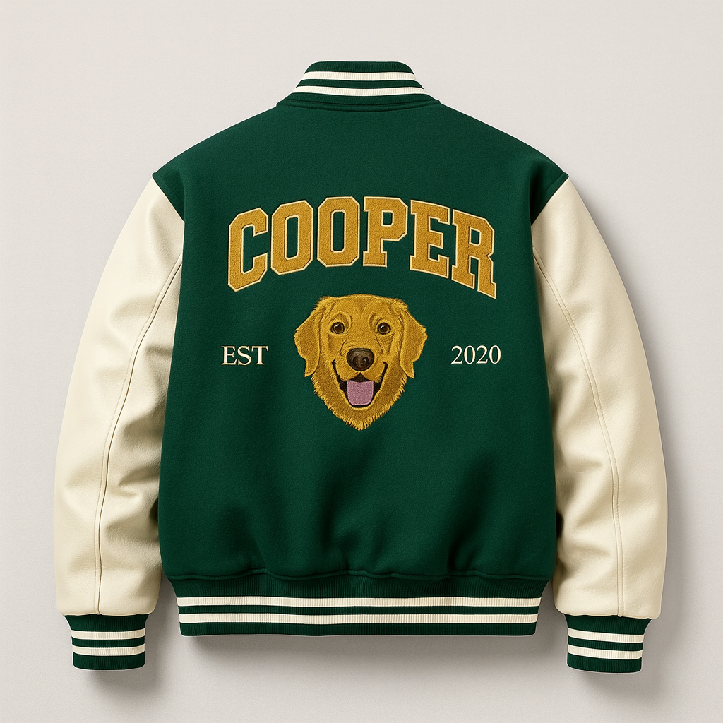 Custom Pet Portrait Varsity Jacket – Letterman Style with Name & Est. Year
