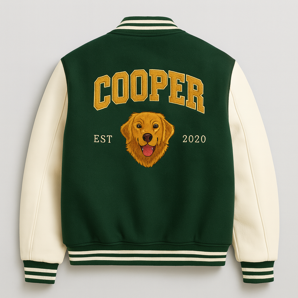 Custom Pet Portrait Varsity Jacket – Letterman Style with Name & Est. Year