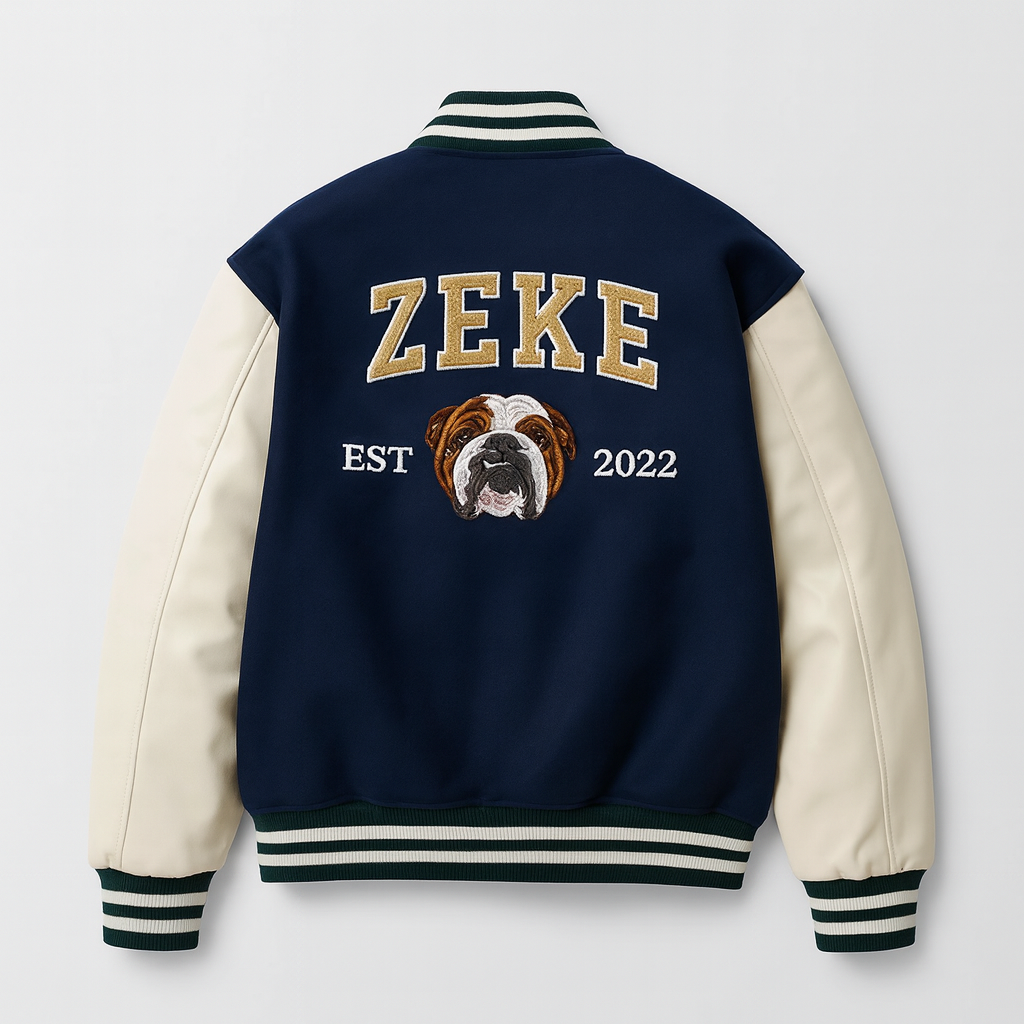 Custom Pet Portrait Varsity Jacket – Letterman Style with Name & Est. Year