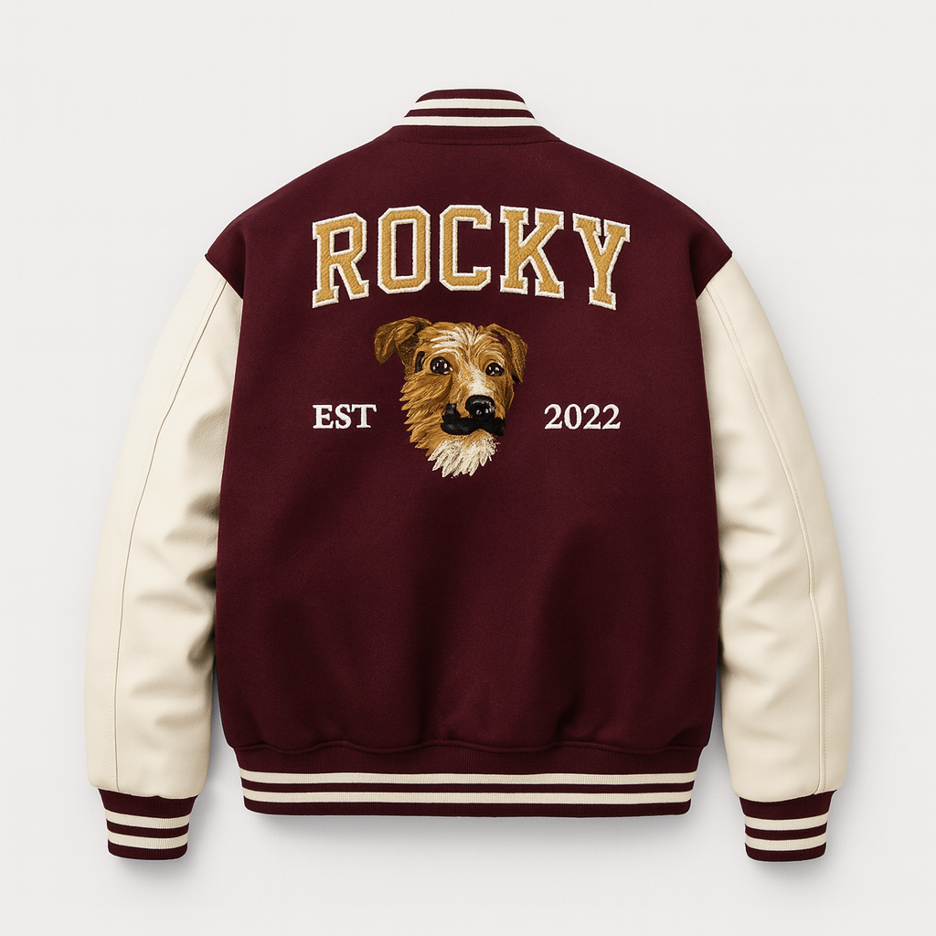 Custom Pet Portrait Varsity Jacket – Letterman Style with Name & Est. Year