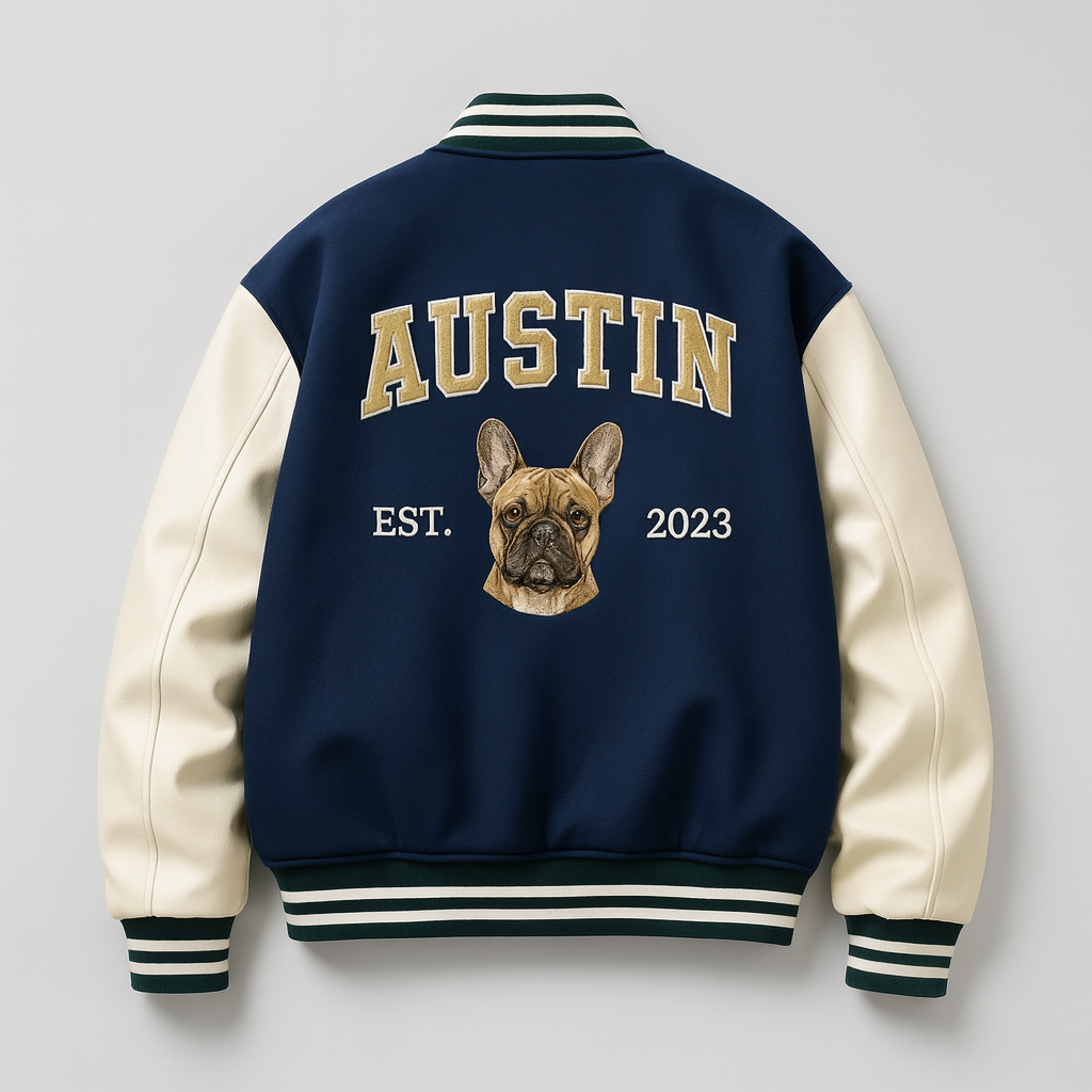 Custom Pet Portrait Varsity Jacket – Letterman Style with Name & Est. Year