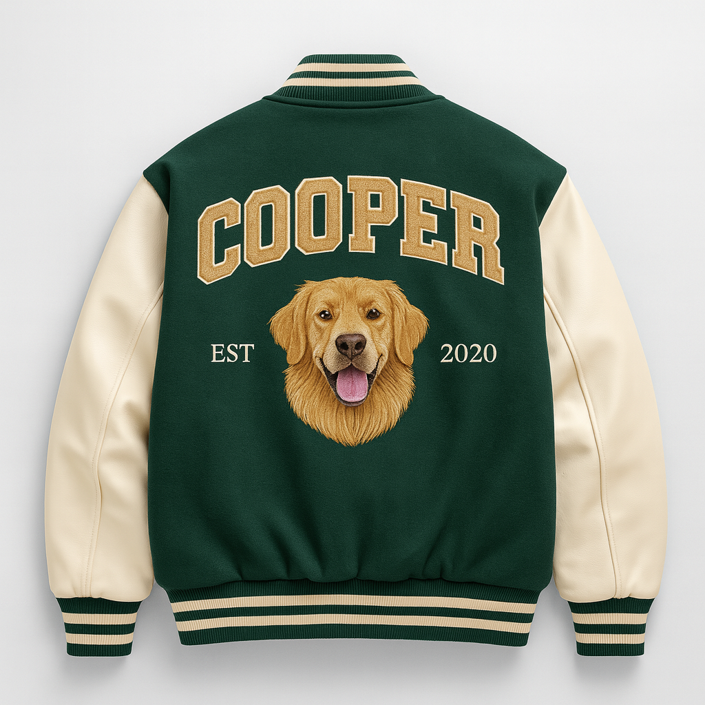 Custom Pet Portrait Varsity Jacket – Letterman Style with Name & Est. Year